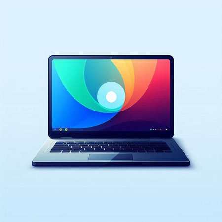 Laptop computer with a colorful screen on a blue background. Vector illustration.のイラスト素材