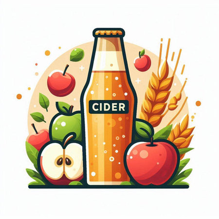 Bottle of cider with apple and wheat ears. Vector illustration.のイラスト素材