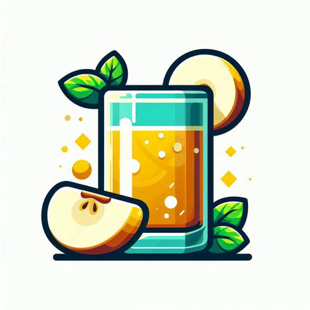 Apple juice in a glass with slices of apple and leaves. Vector illustrationのイラスト素材