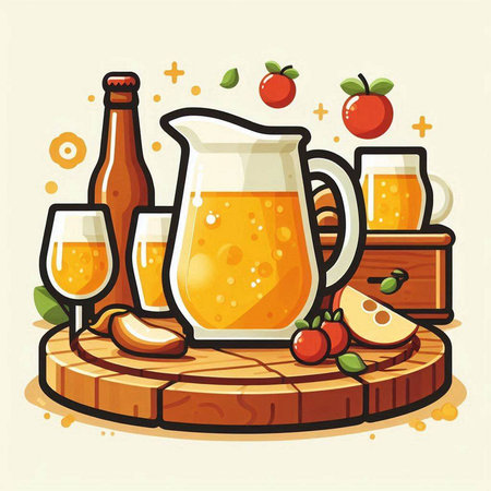 Bottle of beer and glass on wooden table. Vector illustration.のイラスト素材