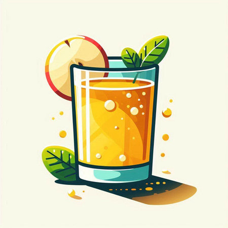 Orange juice in a glass with slices of fruit and leaves. Vector illustration.のイラスト素材