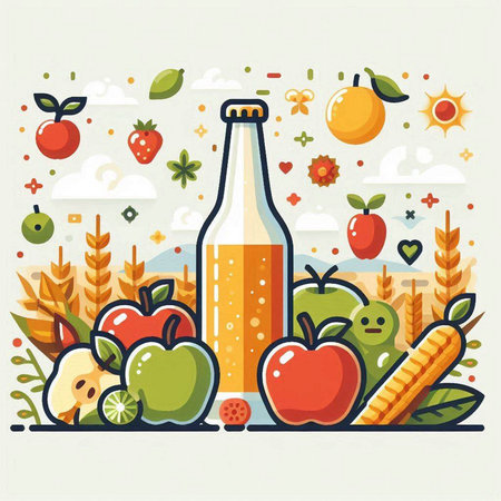 Vector illustration of healthy food in flat style. Apples, wheat, apple, carrot, corn, bottle of cider.のイラスト素材
