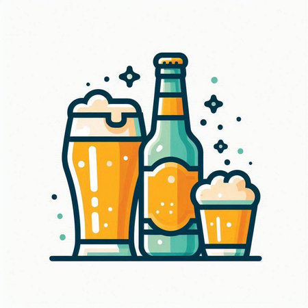 Beer glasses and bottles with beer. Vector illustration in flat style.のイラスト素材