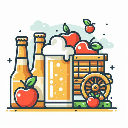 Beer and apples in a basket. Vector illustration in flat style.のイラスト素材