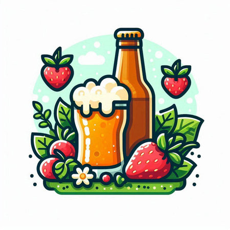 Bottle of beer and strawberries. Vector illustration in cartoon style.のイラスト素材
