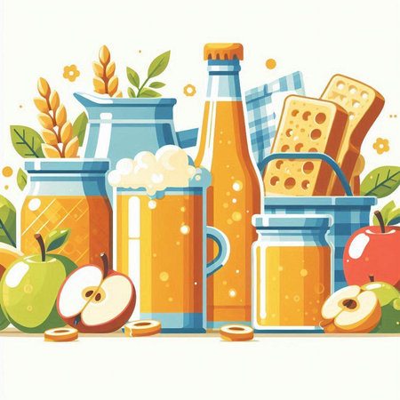 Vector illustration of a set of healthy food. Apple juice, apple cider, honey, cracker.のイラスト素材