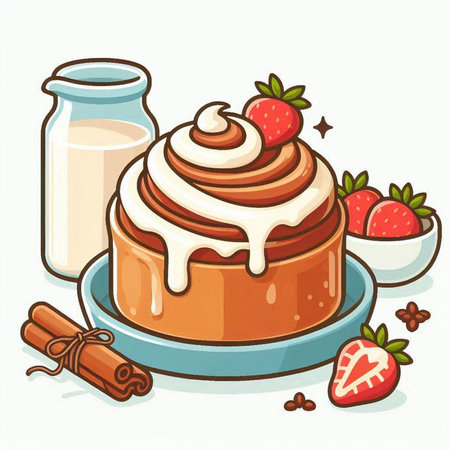 Hand drawn vector illustration of a cinnamon roll with cream and strawberries.のイラスト素材