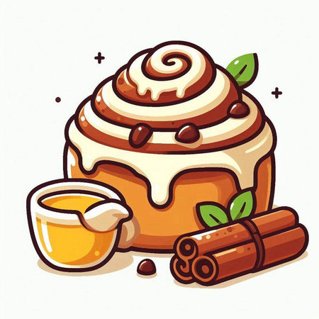 Cinnamon roll with honey and cinnamon sticks. Hand drawn vector illustration.のイラスト素材
