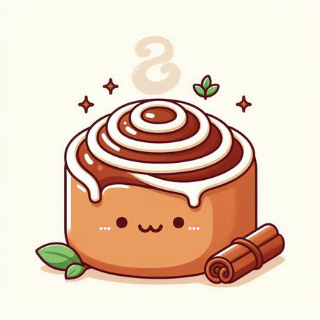 Cinnamon roll with cinnamon and mint on white background. Vector illustration.のイラスト素材