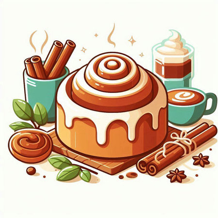 Cinnamon roll with whipped cream and cinnamon sticks. Vector illustration.のイラスト素材