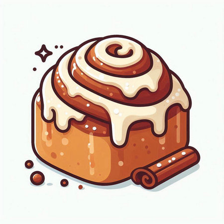 Cinnamon roll vector illustration. Hand drawn cinnamon roll with icing and cinnamon stick.のイラスト素材