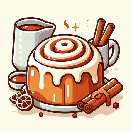 Cinnamon roll with cinnamon sticks and cup of coffee. Vector illustration.のイラスト素材