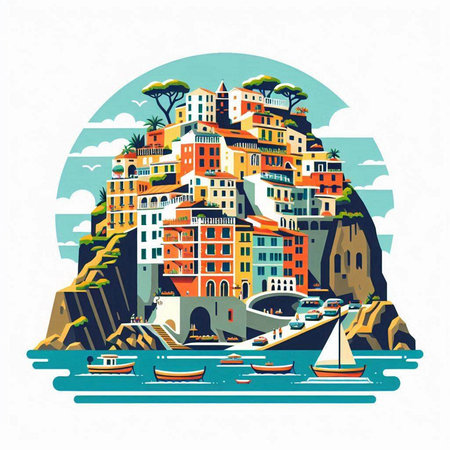 Riomaggiore, one of the five villages of Cinque Terre National Park, Italy.のイラスト素材