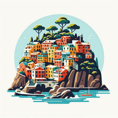 Colorful houses on the rocks in the sea. Vector illustration.のイラスト素材