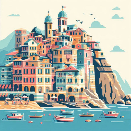 Vintage style vector illustration of Vernazza, Cinque Terre, Italyのイラスト素材