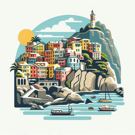 Cinque Terre, Liguria, Italy. Vector illustrationのイラスト素材