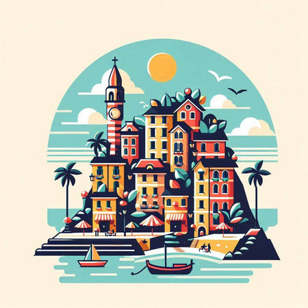 Cityscape with old houses, boats and palms. Vector illustration.のイラスト素材