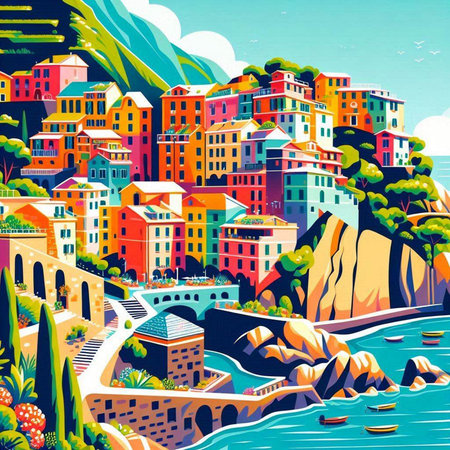 City on the sea. Colorful houses on the coast. Vector illustration.のイラスト素材
