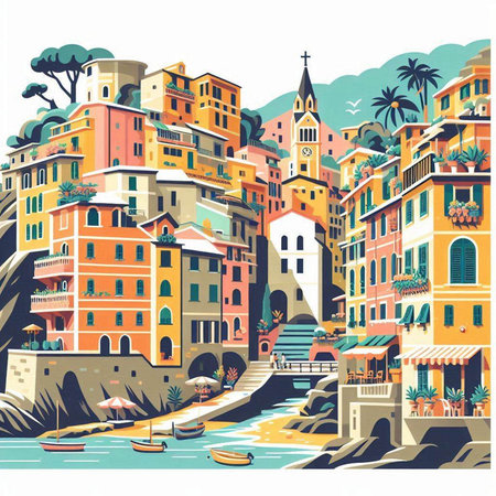 Colorful houses on the island of Procida, Italy. Vector illustrationのイラスト素材