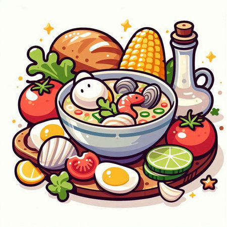 Vector illustration of a bowl of soup with shrimps and vegetablesのイラスト素材