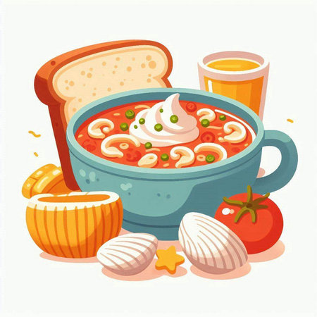 Tomato soup in bowl with sour cream and bread. Vector illustration.のイラスト素材