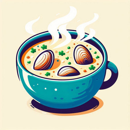 Vector illustration of a bowl of soup with clams and parsleyのイラスト素材