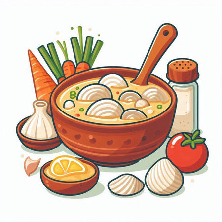 Illustration of a bowl of soup with dumplings and vegetablesのイラスト素材