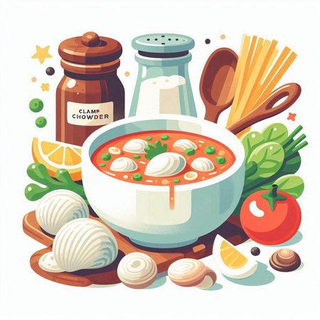 Tomato soup and ingredients for cooking. Vector illustration in a flat style.のイラスト素材