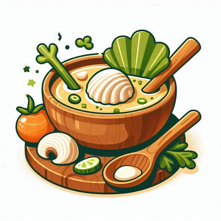 Illustration of a bowl of soup with vegetables and wooden spoonsのイラスト素材