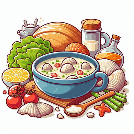 Vector illustration of a bowl of soup with seafood, vegetables and spicesのイラスト素材
