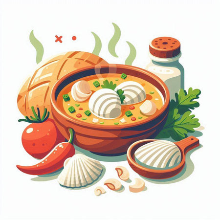 Bowl of soup with dumplings and ingredients. Vector illustration.のイラスト素材