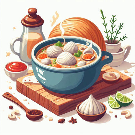 Illustration of a bowl of soup with dumplings and ingredientsのイラスト素材