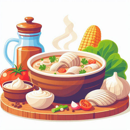 Illustration of a bowl of soup with dumplings and vegetablesのイラスト素材