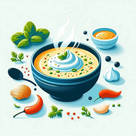 Vector illustration of a bowl of soup with vegetables, herbs and spicesのイラスト素材