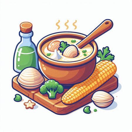 Vegetable soup in a bowl on a white background. Vector illustration.のイラスト素材