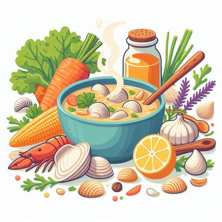 Illustration of soup in bowl with ingredients for cooking on white backgroundのイラスト素材