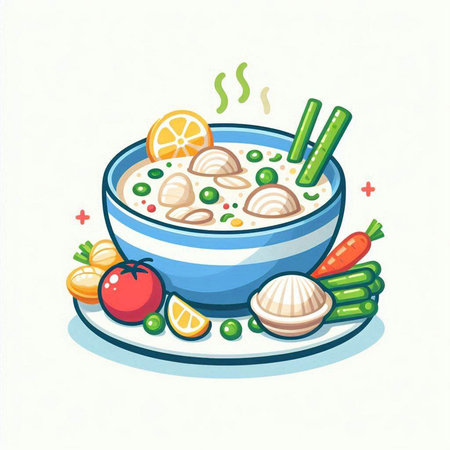 Illustration of a bowl of soup with dumplings and vegetablesのイラスト素材