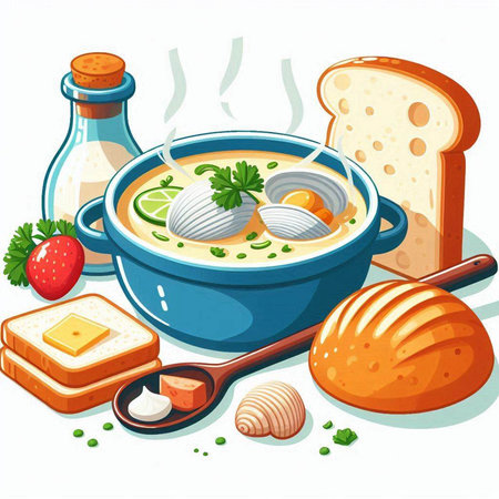 Illustration of a bowl of soup with butter, eggs and breadのイラスト素材