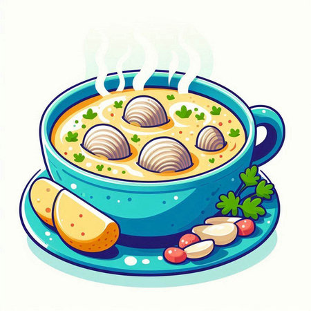Cartoon illustration of bowl of soup with dumplings on a white background.のイラスト素材