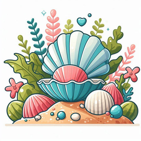 Illustration with seashells and seaweed on a white backgroundのイラスト素材