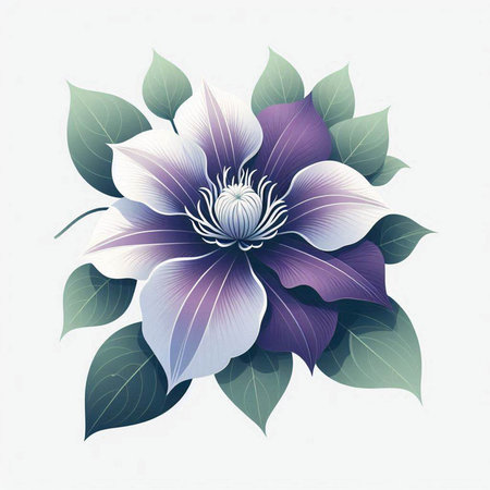 Beautiful purple flower with green leaves on white background. Vector illustration.のイラスト素材