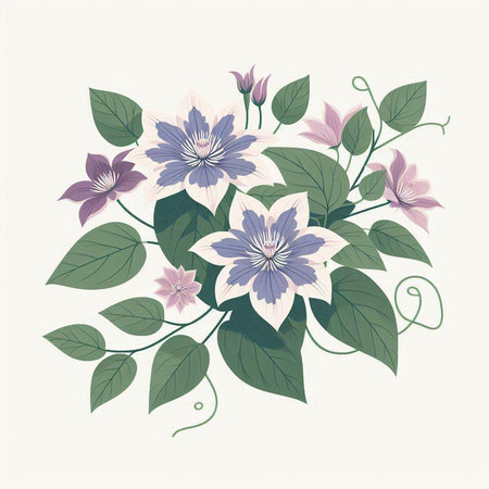 Bouquet of clematis with leaves and flowers. Vector illustration.のイラスト素材