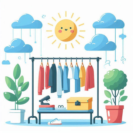 Clothes hanging on a hanger. Vector illustration in cartoon style.のイラスト素材