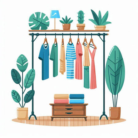 Illustration of hanger with towels and plants. Vector illustration.のイラスト素材