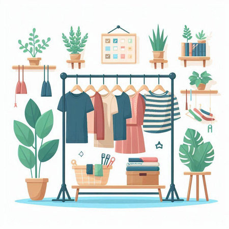 Clothing store interior. Clothes rack with clothes, shoes, accessories and plants. Vector illustrationのイラスト素材