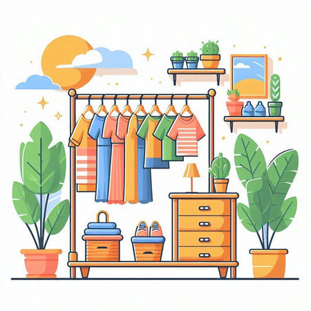 Clothes rack with different clothes and accessories. Flat vector illustration.のイラスト素材