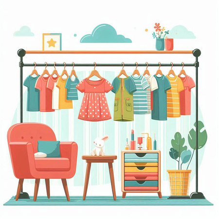 Fashion store interior with furniture and accessories. Vector illustration in flat styleのイラスト素材