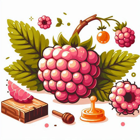 Raspberries and berry in cartoon style. Vector illustration.のイラスト素材