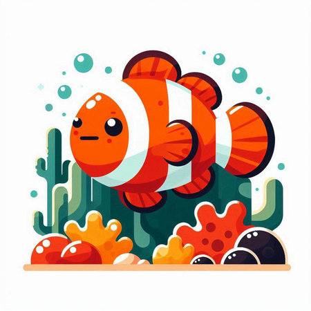 Cartoon funny clown fish swimming in the sea, vector illustration.のイラスト素材