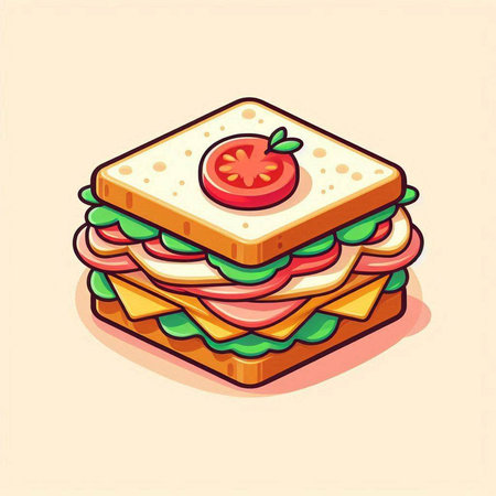 Sandwich with ham, cheese, tomato and lettuce. Vector illustration.のイラスト素材